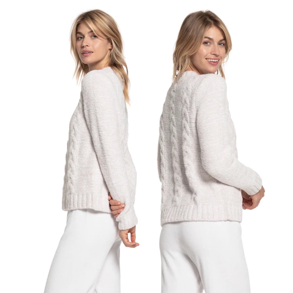 BAREFOOT DREAMS light heathered gray CozyChic cable knit pullover sweater M